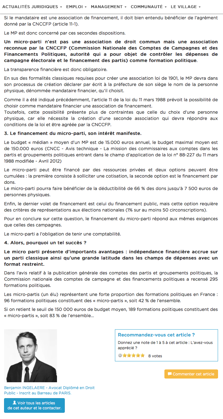 Avocat droit public paris micro parti politique