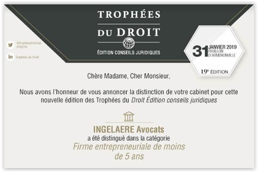 INGELAERE Avocats, élu meilleure firme entrepreneuriale de moins de 05 ans du secteur juridique