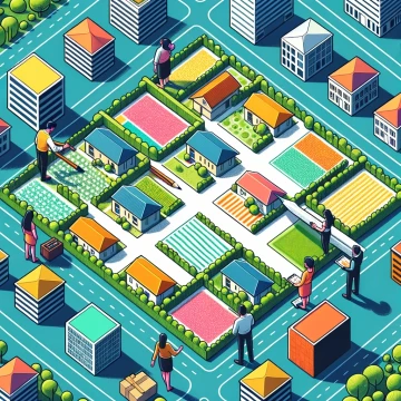 Dessin stylisé quartier avec jardins et passants